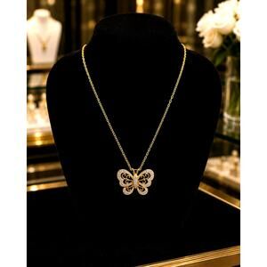 Gold Tone Butterfly Pendant Necklace Clear Rhinestone Filigree Adjustable Chain